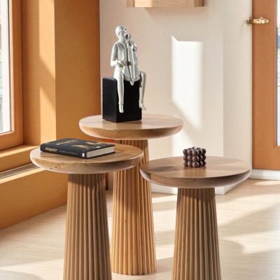 Fitilli ayaklı, rustik tütün rengi 3’lü yan sehpa ve mantar sehpa seti