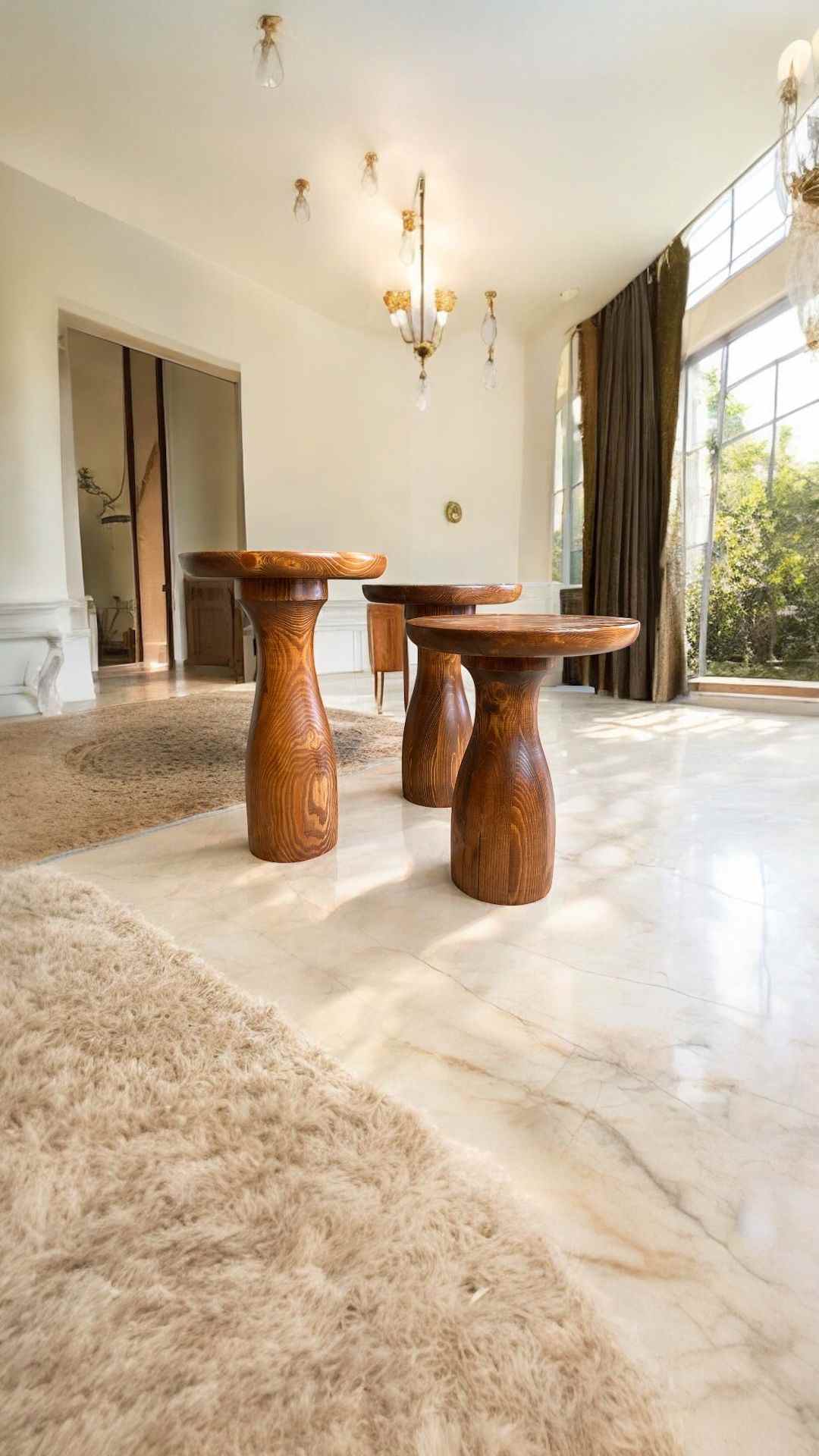 Doğal açık ceviz tonlarında, yuvarlak formlu 3’lü ahşap mantar sehpa seti