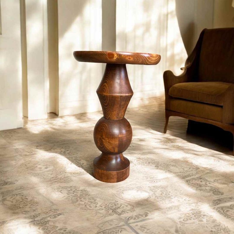 Açık Ceviz Renk Doğal Ahşap Mantar Yan Sehpa Tekli Şık Tasarım