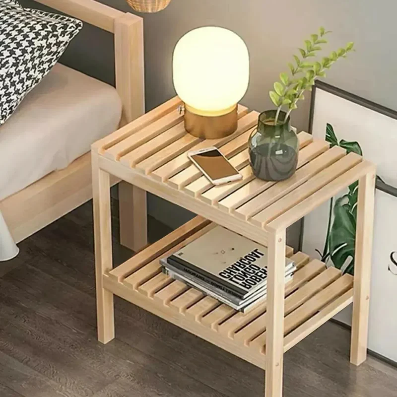 2 katlı naturel renk ahşap komodin – doğal ahşap raflı komodin