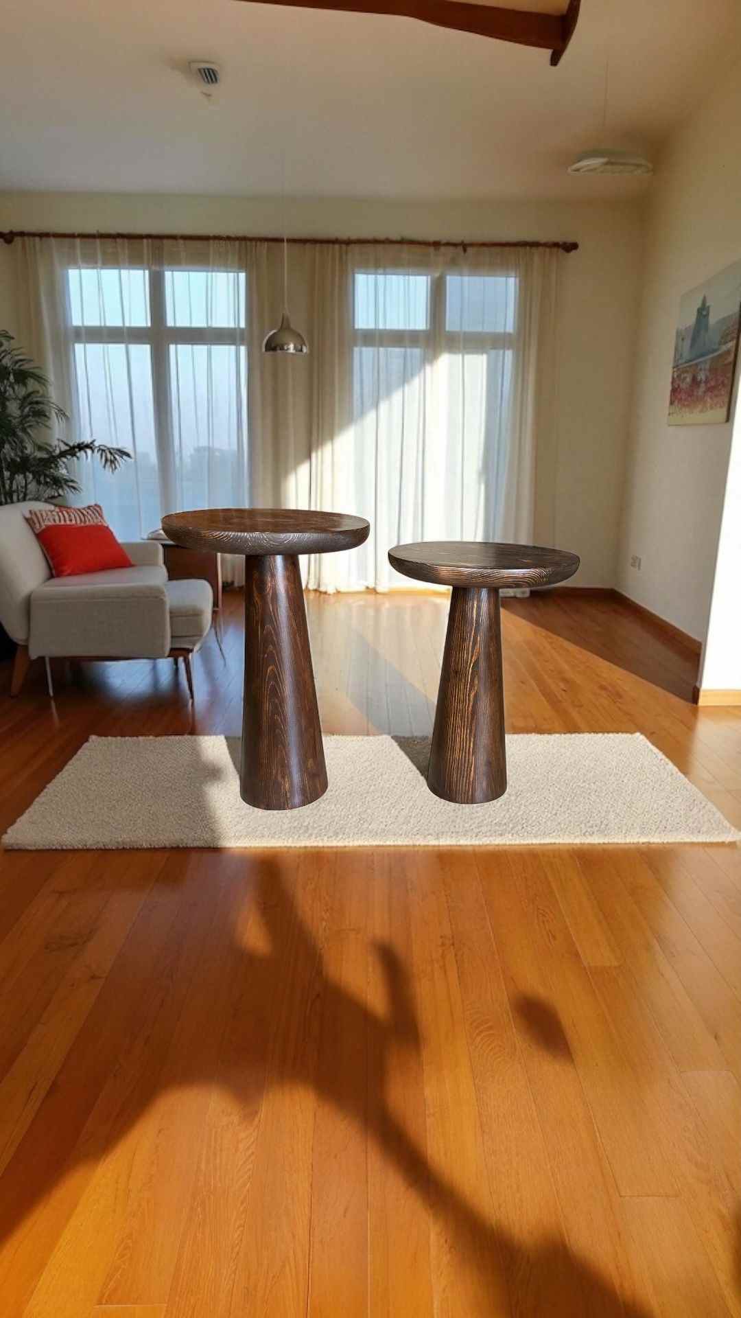 Doğal ceviz kaplamalı mantar sehpa takımı