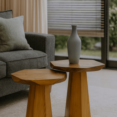 Zigon formda ahşap mantar sehpa seti