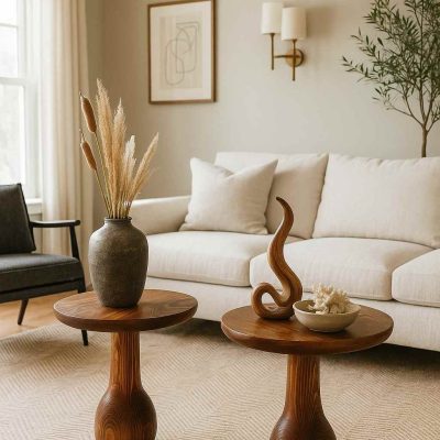 Ahşap gövdeli mantar yan sehpa seti