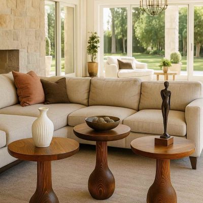 Yuvarlak üst yüzeyli ahşap mantar sehpa seti