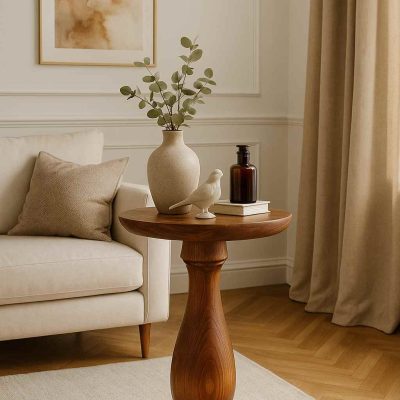 Mantar tasarımlı ahşap yan sehpa naturel